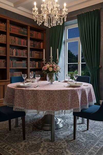 Rona Home Luxury Pink Round Tablecloth Guipure Lace Jacquard Trend Home Textile Elegant Modern Dowry Cloth