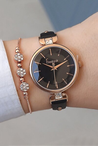Freelook Kesme Camlı Siyah Deri Kayışlı Kadın Kol Saati + Zirkon Taşlı Bileklik
