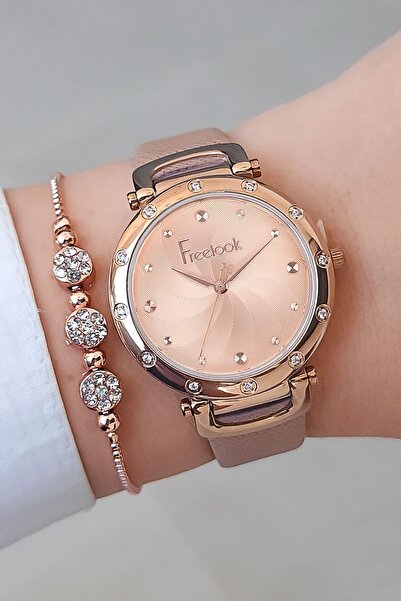 Freelook Pudra Deri Kayışlı Taşlı Rose Gold Kadın Kol Saati + Zirkon Taşlı Bi...