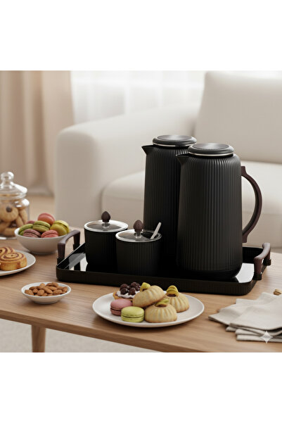 casa rosa طقم دلة شاي وقهوة مع وعاء تمر وسكر، مجموعة من 5 قطع بمقبض خشبي