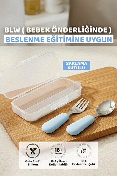 Guqqo Silikon Saplı Paslanmaz Çelik Çatal Kaşık Seti, 18+ Ay, Mavi