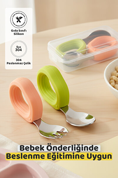 Guqqo Bebek Çatal Kaşık Seti, Paslanmaz Çelik, Silikon Saplı, Pudra Yeşil