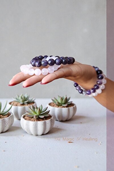 The Magıc of Healıng Amethyst & Pink Quartz Natural Stone 2-Piece Bracelet