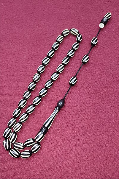 ŞAHBEY TESBİH Siyah Beyaz Kalem Oyma İşlemeli Usta İmzalı Üst Düzey Ateş Kehr...