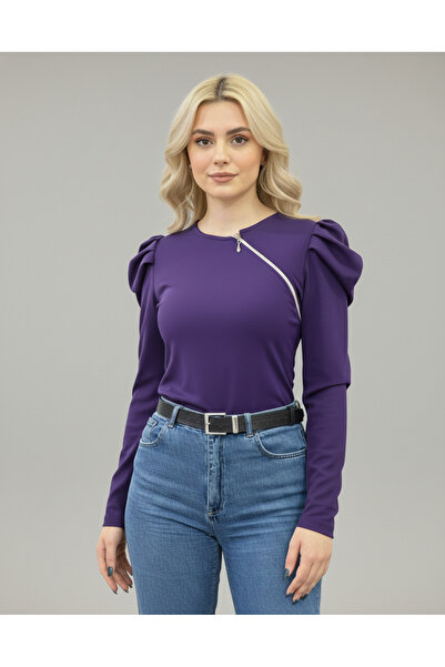 Moda Lounge Şık Tasarım Asimetrik Fermuar Detaylı Krep Kumaş Uzun Kollu Bluz