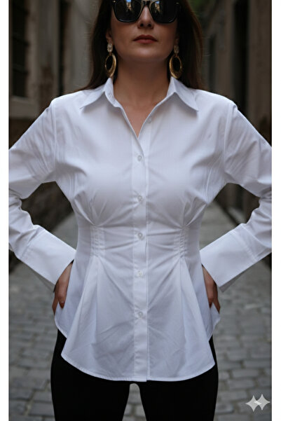 PINARKAYASTYLE Vücuda Oturan Premium Geniş Manşetli Kadın Uzun Kollu Beyaz Gö...