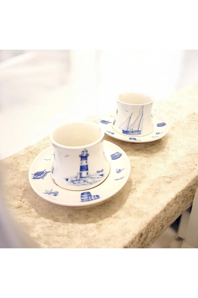 Mimoza Porselen Yelken ve deniz feneri desen çay fincanı 2'li takım