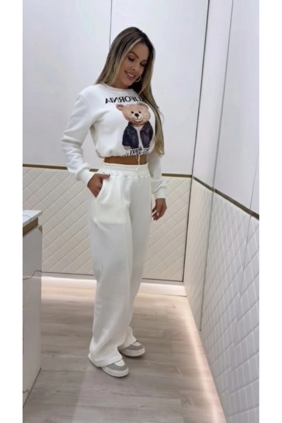 Butik Women's Long Sleeve Crew Neck Patterned Two Thread Fleece-Lined Blouse and Pants Two-Piece Set