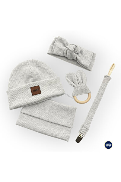 Mustran 5-Piece Baby Set Beanie Neck Collar Bandana Pacifier Strap Teething Teether 3-18 Months Organic Unisex Gift