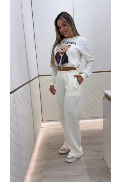 Butik Women's Long Sleeve Crew Neck Patterned Two Thread Fleece-Lined Blouse and Pants Two-Piece Set