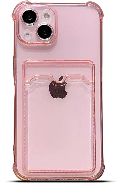 TEKNOMODA Apple iPhone 15 Kılıf Kartlıklı Anti Şok Korumalı Şeffaf Silikon Pembe