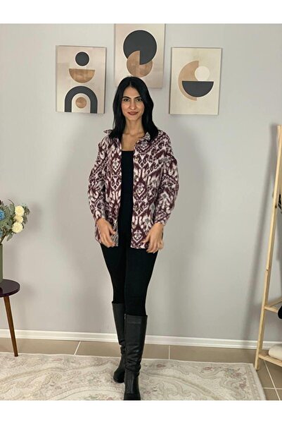 YusGos Women's Single Pocket Patterned Thick Lumberjack Jacket Shirt (Burgundy) Standard Burgundy