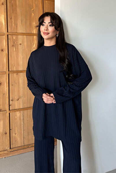 Mogi Butik Women's Knitwear Look Striped Crew Neck Hijab Tunic Set 3138