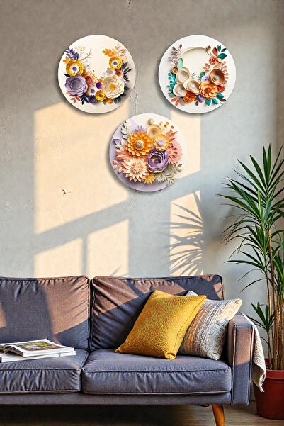 Nod 3 Parça Kabartmalı Renkli Çiçek Mdf Tablo Seti,  Oturma Odası, Salon, Ofis, Ev Duvar Tablosu Dekoru