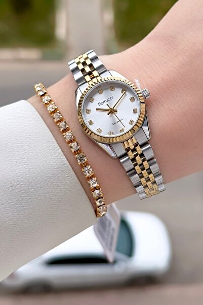 Ferrucci Gold Gümüş Renk 24 Mm Tam Çelik Paslanmaz Kadın Kol Saati ve Bileklik
