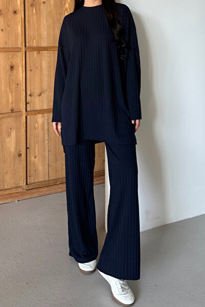 Mogi Butik Women's Knitwear Look Striped Crew Neck Hijab Tunic Set 3138