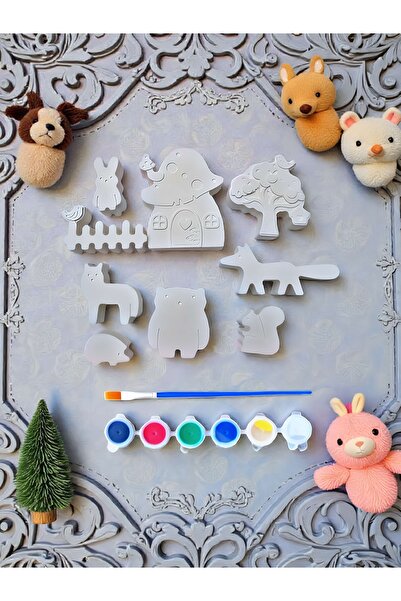 Atölye yüksel Issız Orman Taş Boyama Seti = 9 Taş + 6 Renk Boya + 1 Fırça