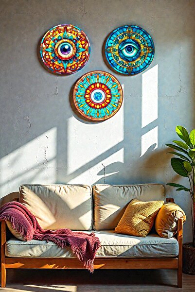 Nod Nazar Boncuğu Kristal Görünüm Şık Mdf Tablo Seti,  Oturma Odası, Salon, Ev Duvar Tablosu Dekoru