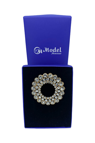 model aksesuar Zirkon Taşlı Yuvarlak Gold Broş