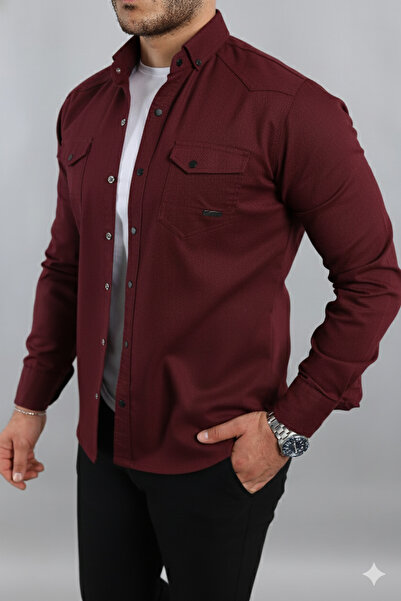 Artı1 Half Oversize Long Sleeve Easy Ironing Sweat Absorbent Breathable Double Face Fabric Men's Shirt -801-Burgundy