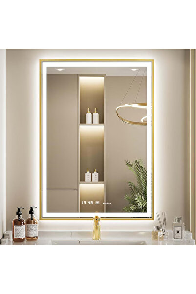 OPTIM DEKO Oglinda Baie Premium, Iluminare LED Touch, Sistem Dezaburire si Ceas Rama Aurie 75x90 cm