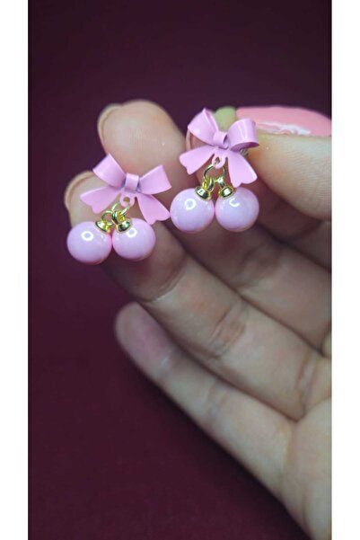 PAWNEST أقراط متدلية بتصميم الكرز مع فيونكة باللون الوردي - تصميم أنيق ولطيف