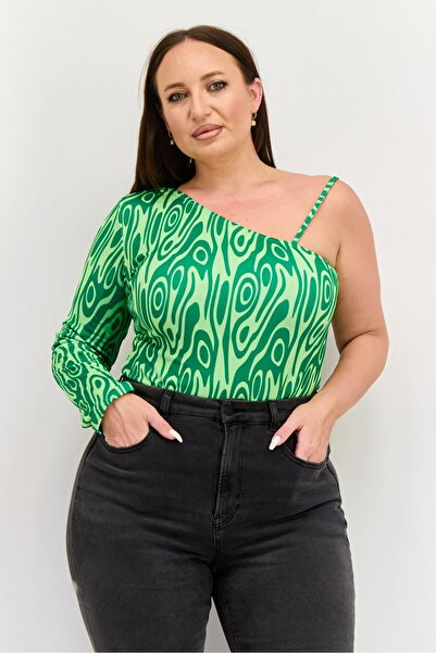 Public Desire Women Curvy Fit Scoop Neck Abstract Print Bodysuit, Multicolor