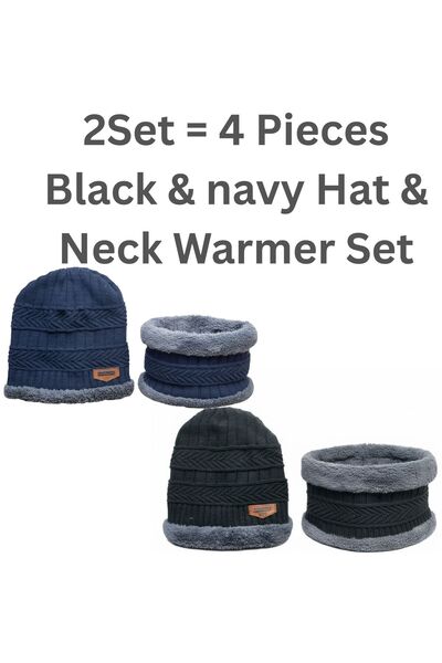 SARAOONT 4-Piece Winter Beanie and Scarf Set (2 Black, 2 Navy)