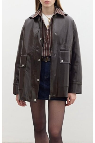 CEYDA AYAZ Kahverengi deri ceket