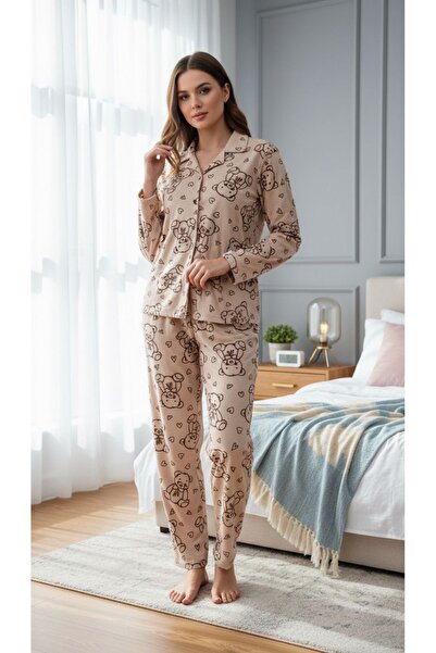Fanwet Γυναικείο σετ πιτζάμες από καστόρι βελούδινο με μακρυμάνικο καφέ αρκουδάκι με λεπτομέρεια με κουμπιά μπροστά και γιακά σάλι