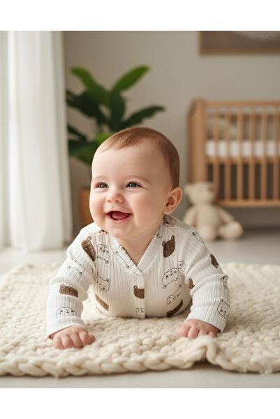 Noone Ribbed Cotton, Green Teddy Bear Patterned Baby Romper – 6 Months