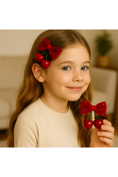 NOT GUILTY Kız Çocuk Kirazlı Kurdele Toka – İnci Taşlı Kırmızı Fiyonk Saç Aks...