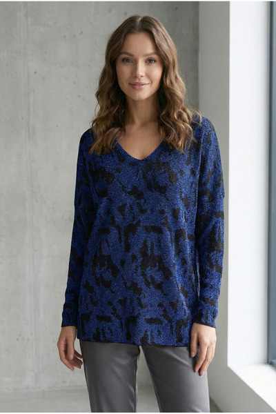 T Guel Women's Silvery Navy Blue-black Patterned V-Neck Knitwear Sweater