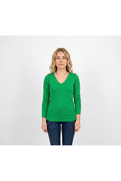 T Guel Women's Dark Green Collar Rhinestone Ladder Collar Knitwear Sweater