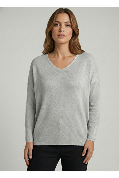 T Guel Women's White-Silver Silvery Zigzag Patterned Knitwear Sweater