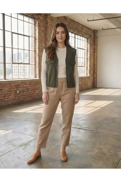 T Guel Women's Khaki Suede Lined Pocket Vest