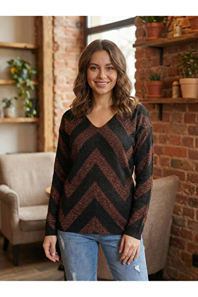 T Guel Women's Copper-Black Silvery Zigzag Patterned Knitwear Sweater