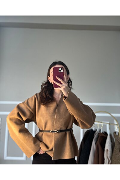 MODA Camel Deri Kemerli Kaşe Kimono