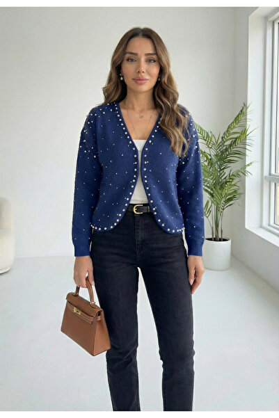 T Guel Kadın Saks Mavisi İnci Detaylı Triko Hırka