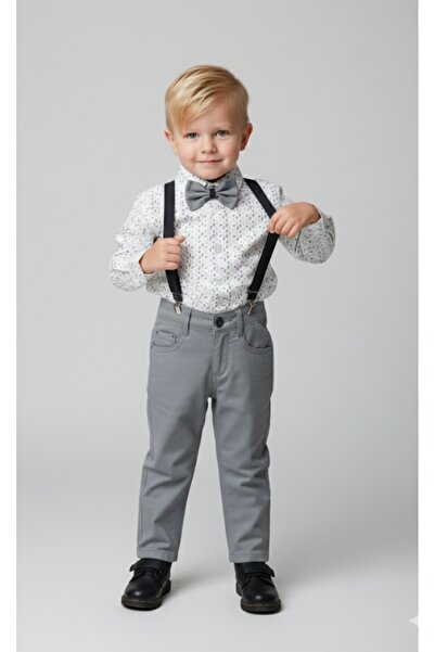 RİNDO Erkek Çocuk Desenli Katlamalı Kol Gömlek Keten Pantolon+Pantolon Askı Spor Takım Elbise