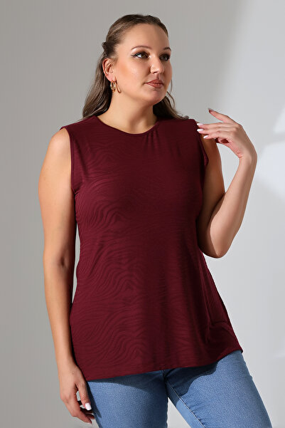 Şiir Claret Red Jaspers Women's Blouse - Side Slit and Devore Detail, Plus Size, Front/Back Use