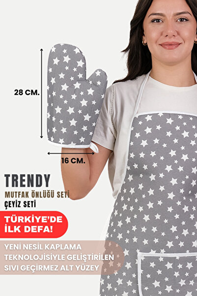 sevilya Trendy 3lü Set Su Geçirmez Mutfak Önlüğü Çeyiz Seti Isıya Dayanıklı Fırın Eldiveni Ve Tutacak Takımı