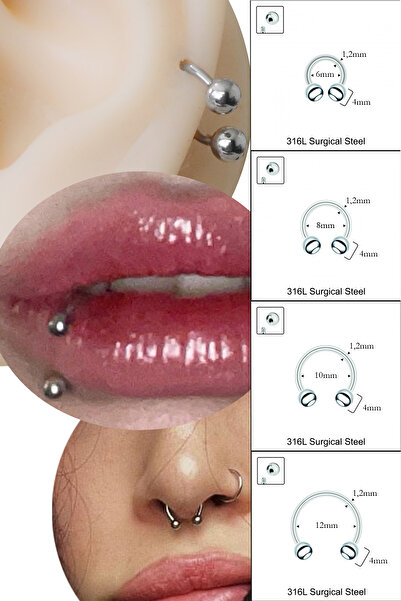Cadının Dükkanı 4 mm Toplu Çelik Yarım Halka Piercing-Septum,Tragus,Daith,Hel...