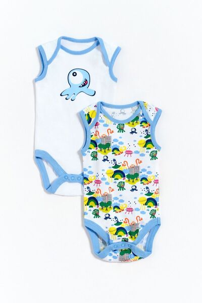 Gambino %100 Pamuk Sevimli Canavarlar Baskılı 2'li Erkek Bebek Zıbın - Beyaz