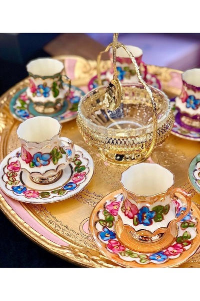 Handmade ESTERHOMEDECOR 6 kişilik el boyama kahve fincan takımı