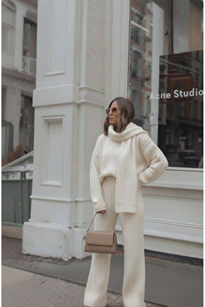 MoonliWear Set de tricotaje pentru femei, cu împletitură de păr, pulover, pan...