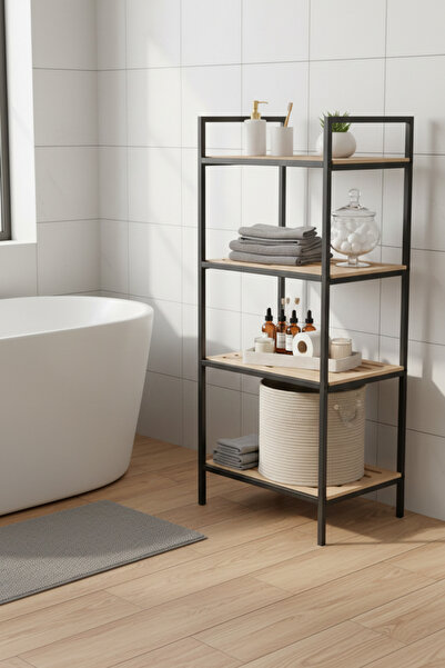 Milonsa Metal Wooden Bathroom Shelf 4-Tier Bathroom Organizer Multi-Purpose Bathroom Kitchen Rack Open Cabinet