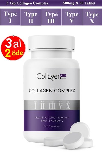 Collagen Forte Platinum 5 Tip Kolajen Complex Tip 1,2,3,5 Ve Tip 10 Biotin, Çinko, Selenyum, C Vitamini & Açai, 90 Tablet