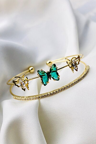 Bonicce New Model Emerald Stone Butterfly Motif Handcuff Bracelet Stainless Steel