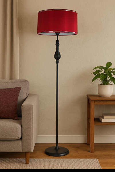 Lampada Roma Black Metal Lambader - Krom Şeritli Kırmızı